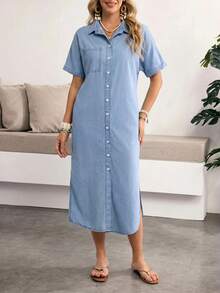 Sunnyshic Plus Size Casual Front Button Denim Dress - Blue - View 4
