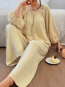 DAZY Women's Solid Color Round Neck Raglan Sleeve Top And Pants Pajama Set - Yellow - View 4