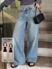 Livesso Tall 女款不對稱腰部設計寬鬆直筒街頭休閒牛仔長褲 - 中等水洗藍 - 查看 1