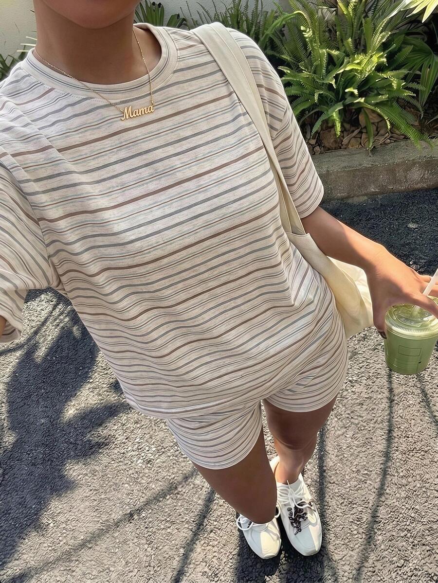 Muchica Women's Summer Letter Lemon Print Round Neck Short Sleeve T-Shirt And Striped Shorts Casual 2-Piece Set - Multicolor - View 1