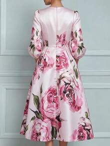 RosyDaze Women's Premium Elegant Rose Print Dress, Suitable For Evening Party, Wedding, Commute, Date, Slimming And Versatile - Pink - View 3