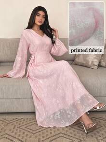 Yasmyna V-Neck Double-Sided Tie Multi-Layer Ruffle Cuff Foamed Print Pink Dress - Pink - View 1