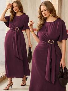 Roveilla Plus Size Women's Spring Autumn Winter French Romantic Sicilian Elegant Casual Commute Vacation Afternoon Tea Party Solid Color Round Neck Cross Tie Metal Buckle Cinched Waist A-Line Long Sleeve Bell Sleeve Maxi Dress - Red Violet - View 7