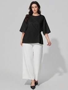 Maija Damen-T-Shirt in Große Größen, einfarbig, mit Rundhalsausschnitt, Drop-Shoulder, Knoten an der Taille, Seitenschlitz am Saum, lässig, Business Casual, gestrickt/gewebt, elegant, für Herbst und Halloween - Schwarz - Übersicht 5