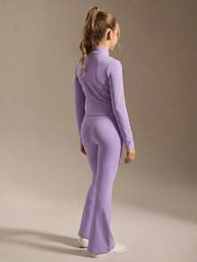 SHEIN Tween Girls Purple Autumn Atletic Pilates Yoga Sports Jacket & Flared Pants Set,Comfortable Elastic Stretch Fashion Cycling Tennis Gym Hiking Campus - Mauve Purple - View 2