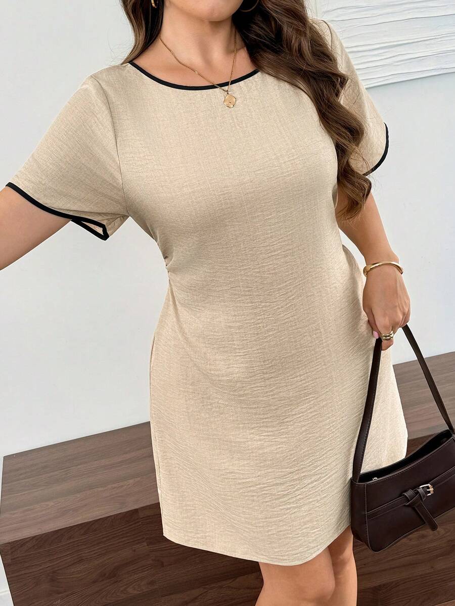 SHEIN LUNE Plus Size Colorblock Trim Lace-Up Waist Dress - Khaki - View 1