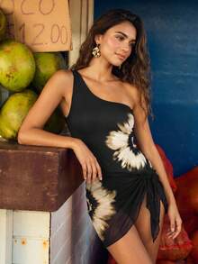 CAJUNI Baju Renang Wanita Model One-Piece Motif Bunga dengan Satu Bahu untuk Liburan Pantai - Hitam - View 3