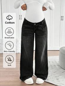 SHEIN 孕婦純色拉鍊開襟寬鬆直筒牛仔褲 - 黑色 - 查看 8
