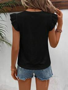 SHEIN Frenchy 女款 100% 純棉鏤空刺繡荷葉邊圓領蕾絲 T-shirt，夏季白色休閒西式風 - 黑色 - 查看 7