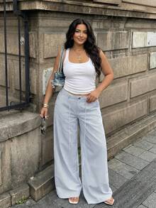 SHEIN PETITE CURVE 大尺碼女款休閒水手風度假日常通勤沙灘夏威夷配色條紋腰綁帶寬鬆寬腿長褲 黑白秋季 - 彩色 - 查看 9