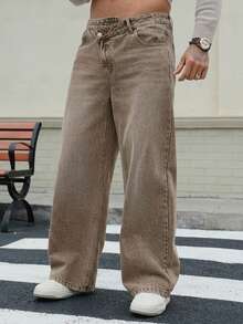 DAZY Autumn Slanted Waist Design Button Blue Washed Distressed Men's Jeans - Khaki - View 5