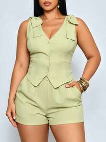 SOLERSUN Plus-Size Women's Sleeveless Two Pieces Crop Set, Suitable For Professional And Business Occasions. - Green - View 5