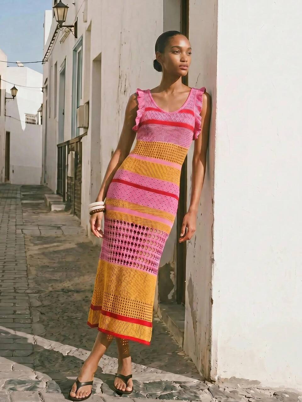 SHEIN Maija Women's Summer Vacation Colorblock Ruffle V-Neck Sweater Dress Vacation Beach Vacation Pink And Yellow Boho Tropical Casual