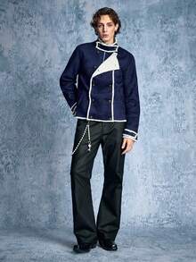 ROMWE MEN Men's Colorblock Stand Collar Fashion Versatile Casual Jacket - Blue - View 7