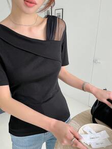 DAZY Contrast Mesh Asymmetrical Neck Tee Going Out Tops - Black - View 6