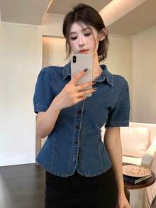 DAZY 女款韓式修身優雅夏季牛仔上衣 - 藍色 - 查看 4