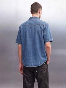QuarKem 男士休闲水洗牛仔短袖衬衫 - 藍色 - 查看 2