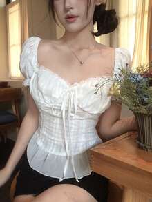 DAZY 女款蕾絲休閒甜美風荷葉邊飾精緻蕾絲背心上衣 - 白色 - 查看 8