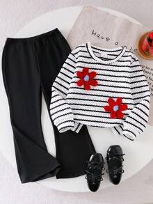 SHEIN Elladie kids 2件組女孩甜酷風3D蝴蝶結裝飾白色上衣+黑色喇叭褲套裝，黑色上衣配多個紅色蝴蝶結，黑色喇叭褲時尚版型，甜酷風格融合可愛與時尚，適合開學季、外出與街頭穿搭 - 黑色 - 查看 10