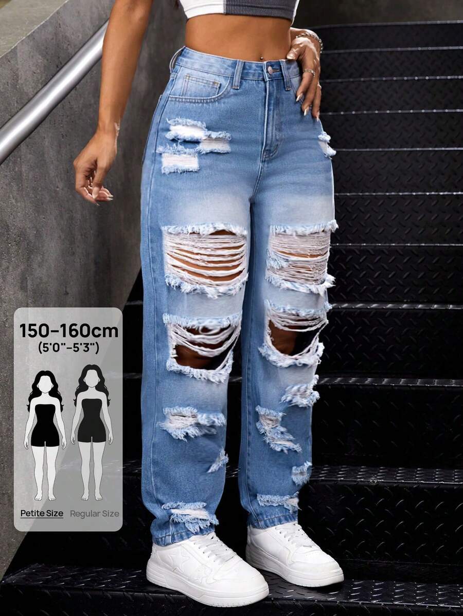 SHEIN PETITE Ladies' Ripped Jeans ,Petite Women - Blue - View 1