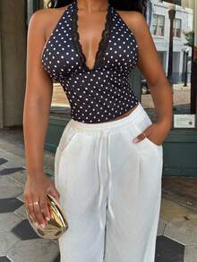 Alexandranx Black Polka Dot Print Casual Halter Neck Top, Suitable For Brunch, Outings, Dates, Commute, Cruise, Ibiza Summer - Black - View 6
