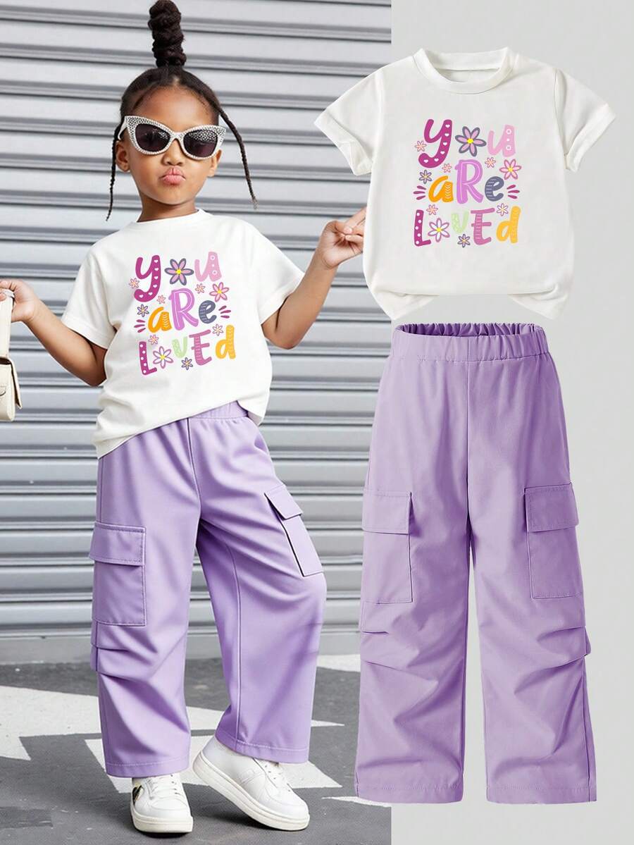 SHEIN 2pcs/Set Young Girls Casual Loose Short Sleeve T-Shirt And Elastic Waist Cargo Pants Outfit - Purple - View 1
