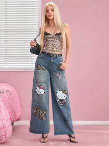 HELLO KITTY AND FRIENDS | SHEIN Women's Cartoon Pattern Printed Pocket Button Denim Jeans - Blue - View 4