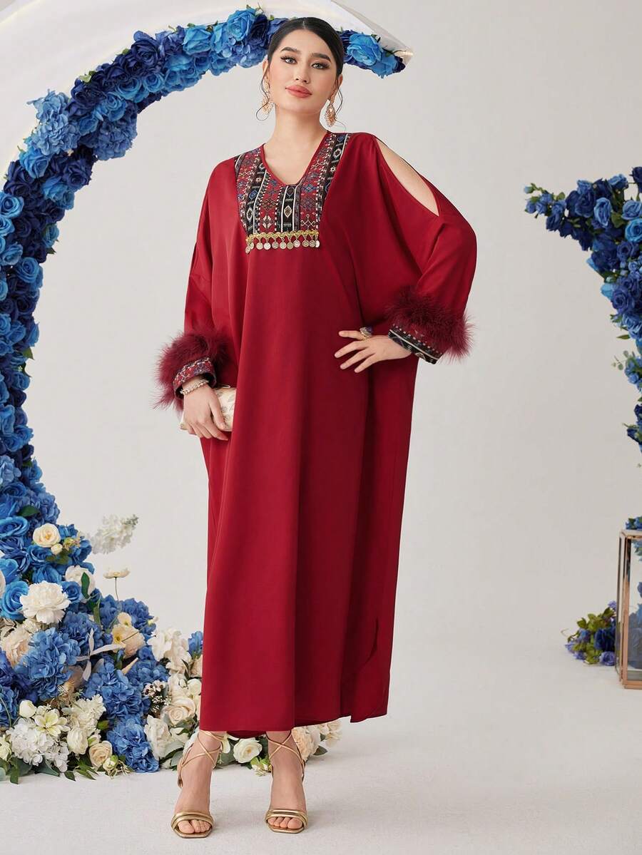 Al Najma Patchwork Besticktes Plüsch Ärmelbündchen V-ausschnitt Lockeres Kleid - Rot - Übersicht 1