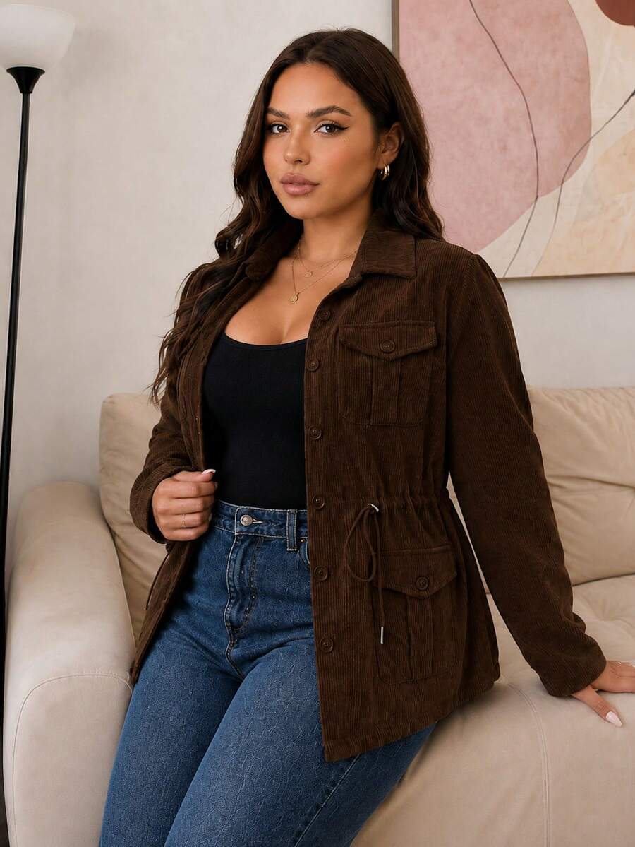 Lounesse Chaqueta con bolsillo de solapa y cintura con cordón,Barnfit,Barn en otoño/invierno - Marrón Chocolate - Ver 1
