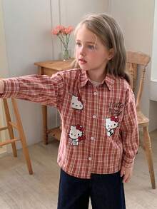 HELLO KITTY | DAZY Turn-Down Collar Plaid KT Cat Pattern Long Sleeve Autumn Blouse For Young Girls' - Red - View 7