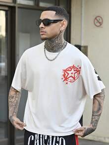 Devon Thys 男士休闲夏季 T 恤，带图形和字母印花，男士短款图案 T 恤，秋季 - 彩色 - 查看 1