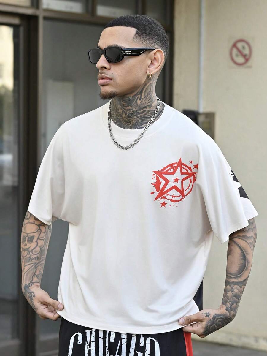 Devon Thys 男士休闲夏季 T 恤,带图形和字母印花,男士短款图案 T 恤,秋季 - 彩色 - 查看 1