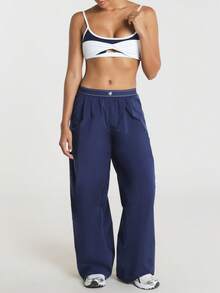 11SKNDS Wide Leg Woven Pants With Elastic Waistband Flowy Relaxed Fit Trousers With Logo Detail Pull-On Style Casual Athleisure Gym Navy Blue Summer - Blue - View 3