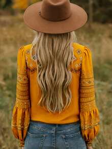 EMERY ROSE Women's V-Neck Pleated Casual Boho Versatile Daily Wear Blouse Travel Mustard Yellow Autumn - Yellow - View 2