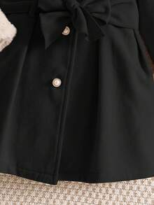 SHEIN Emery Rose Kids 女童秋冬百搭時尚羊毛拼接毛絨領中長版繫帶大衣，保暖內裡羊毛外套，秋冬外套 - 黑色 - 查看 10