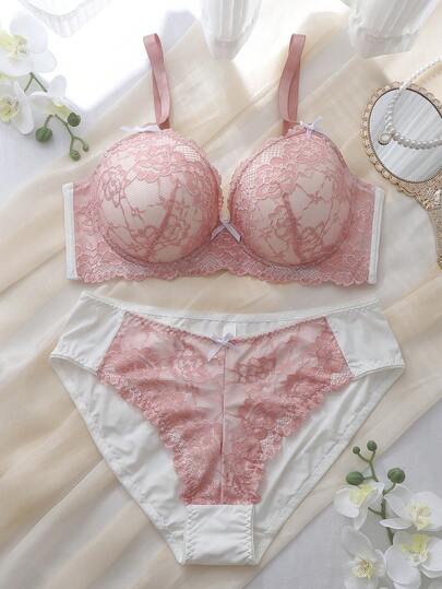 DelicateAllure Conjunto de lencería rosa de encaje sexy con aros, copas moldeadas, push-up, cómodo para uso diario, talla grande