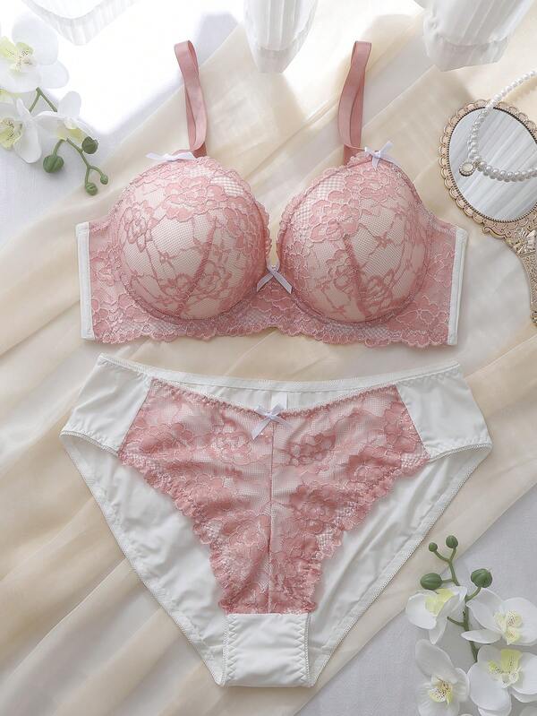 DelicateAllure Hot Pink Lace Sexy Underwire Molded Cup Push-Up Comfortable Daily Plus Size Lingerie Set Summer