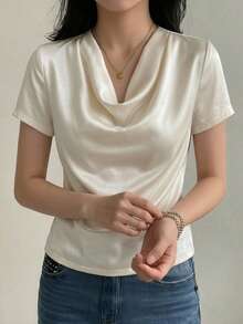 DAZY Camiseta de mujer de manga corta, cuello redondo, ajustada y de color liso para el verano - Blanco - Ver 3