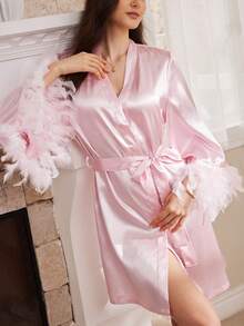 Moireta Fuzzy Decor Satin Women's Robe - Baby Pink - View 4