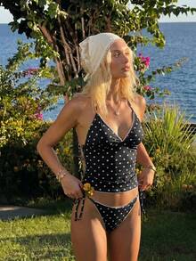 Swim Mod Conjunto de Bikini de Tirantes con Estampado de Cerezas Dulces y Cuadros de Verano - Blanco y Negro - Ver 8