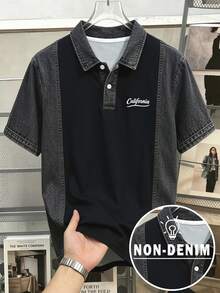 Manfinity Joysei 男士拼接牛仔效果印花短袖休閒 Polo 衫 - 黑色 - 查看 1