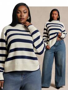 Radiana Curve Plus Size Women's Striped Stand Collar Drop Shoulder Long Sleeve Casual Sweater In Fall/Winter - Blue and White - View 2