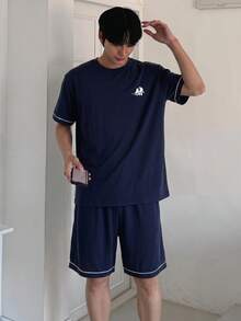 DAZY 短袖短褲睡衣套裝，海軍藍印花布料搭配白色滾邊設計，夏季款 - 藏蓝色 - View 5