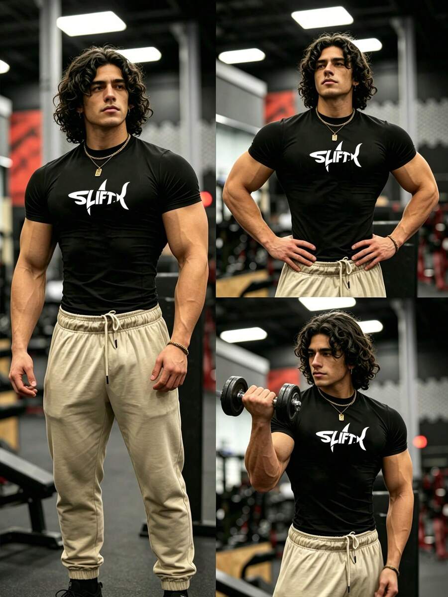 GymBeat 男士字母印花短袖修身運動T恤 - 黑色 - 查看 1