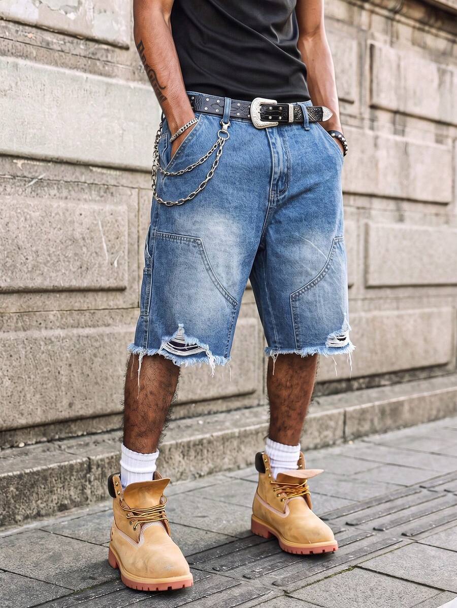 Manfinity EMRG Men's Summer Washed Blue Distressed Cargo Denim Shorts, Street Loose Wide Leg Shorts, Holiday - Light Wash - View 1