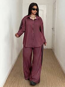 Maweii 女款2件套秋冬條紋通勤簡約寬鬆休閒印花大尺碼襯衫與長褲 - 中紫紅色 - 查看 7