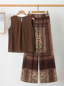SHEIN Clasi 优雅女士纯色纹理褶皱上衣和花朵阔腿裤套装 - 彩色 - 查看 4