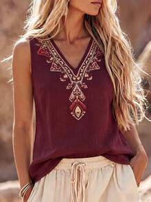 Linhara CURVE Plus Size Bohemian Boho Style Embroidered Sleeveless Burgundy Vest Vacation Summer - Burgundy - View 5
