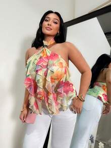 Firerie 大尺碼女款春夏掛脖印花荷葉邊背心上衣 - 彩色 - 查看 10