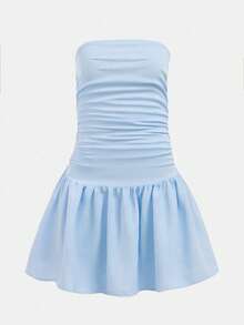 SHEIN Girlism Tween Girl Casual Minimalist Comfortable Pleated Design Sleeveless Puff Dress - Baby Blue - View 1